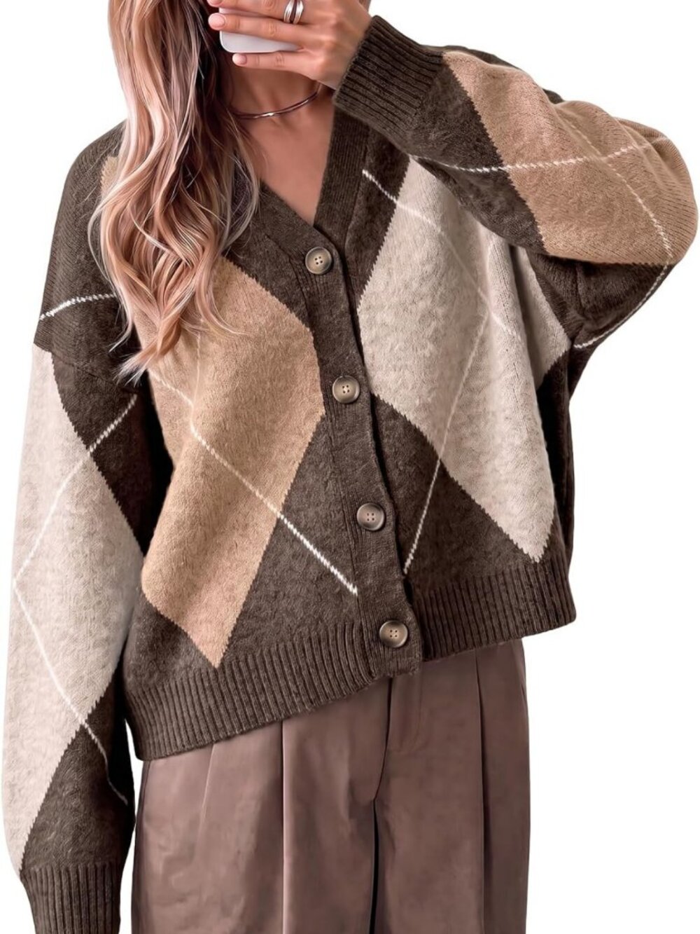 Cozy Plaid Color Block Cardigan | V-Neck Long Sleeve Knit Sweater for Women